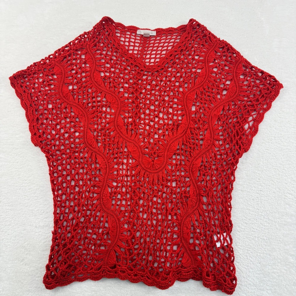 Crochet Knit Top Womens Medium Red V Neck Short Sleeve Boho Beachy Vacation